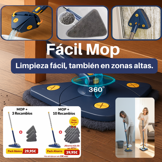 FácilMop™ - Fregona autoescurrible 360º limpia sin esfuerzo- Elige tu pack: 3 o 10 recambios